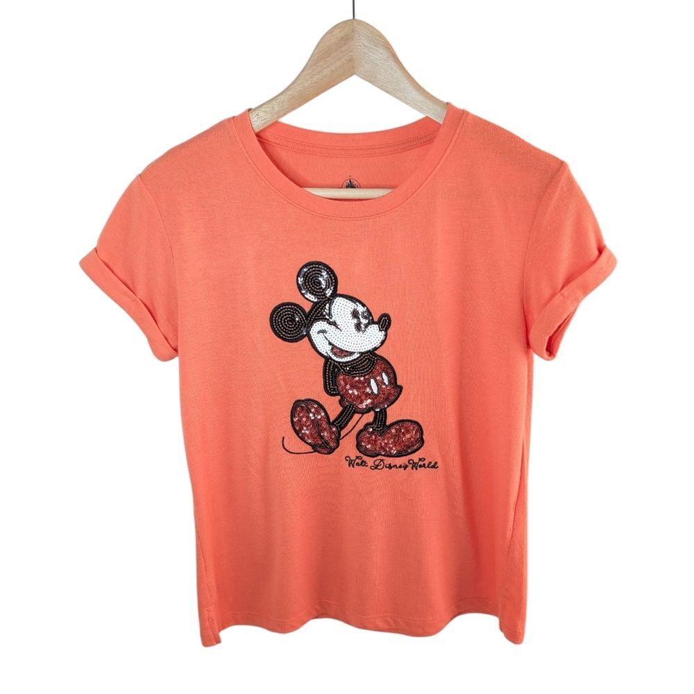 Disney Parks Sequin Mickey Mouse Short Sleeve Tshirt Orange XS